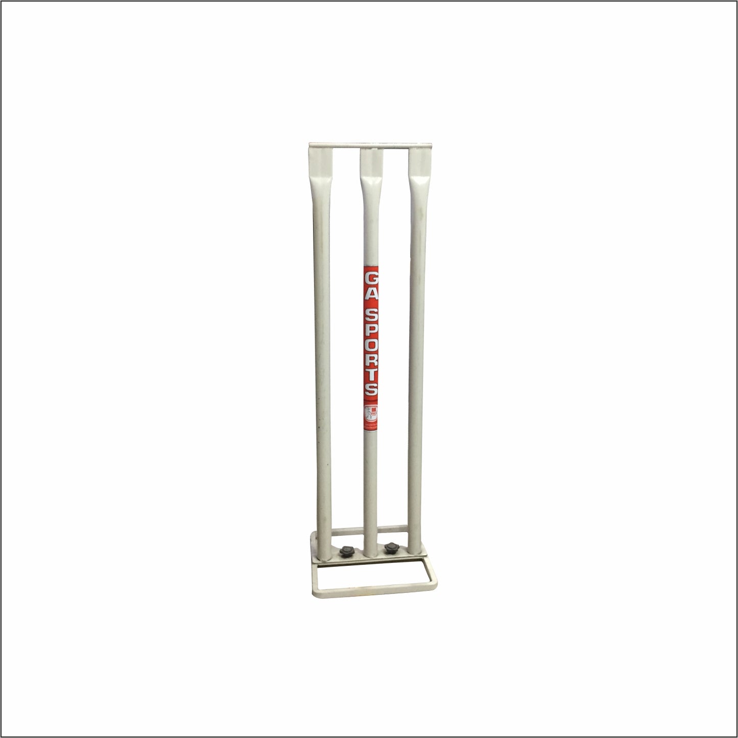 Set of white metal GA cricket stumps on a heavy base.