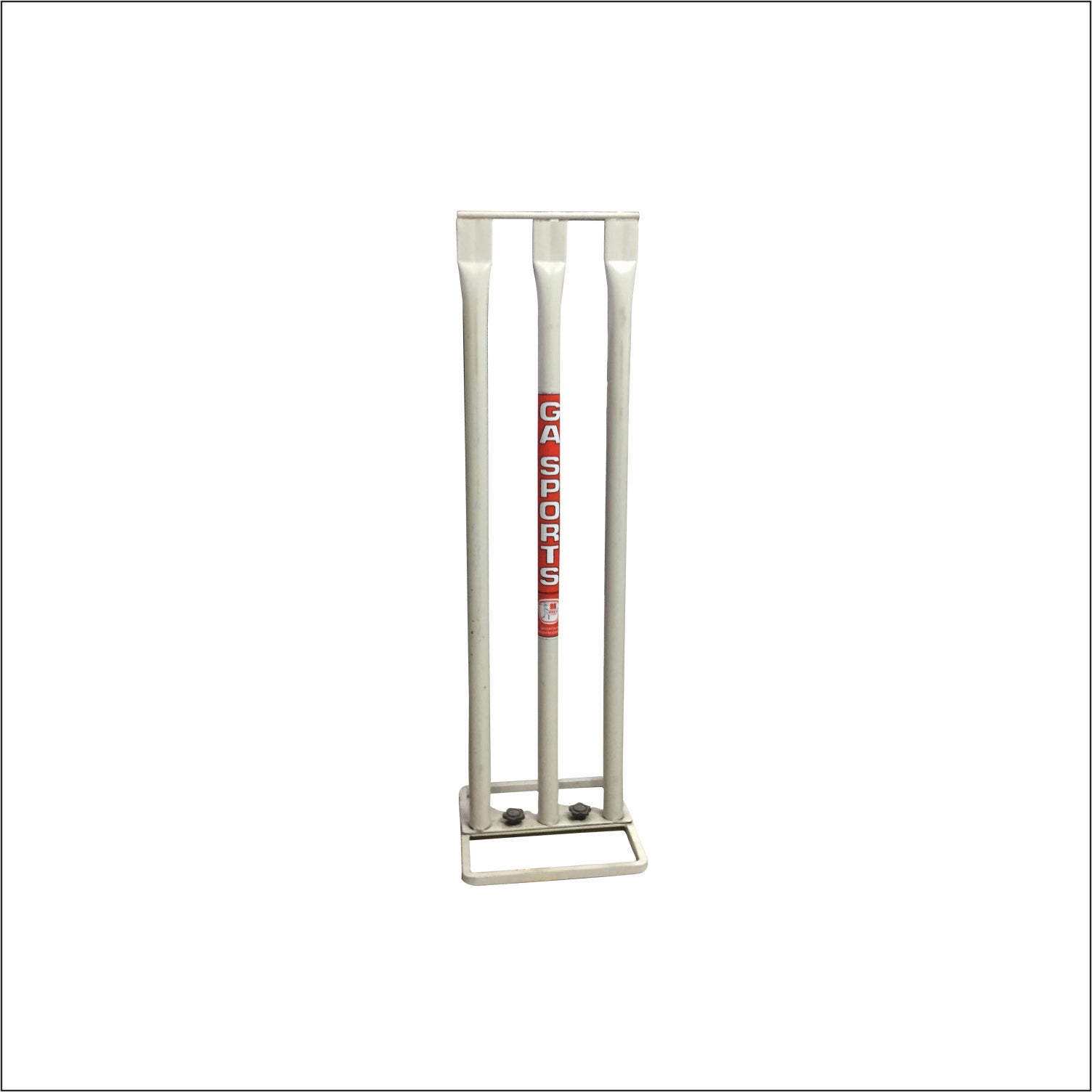 Set of white metal GA cricket stumps on a heavy base.