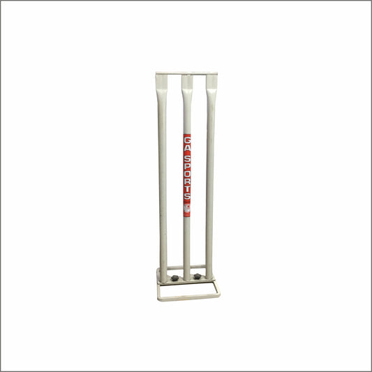 Set of white metal GA cricket stumps on a heavy base.