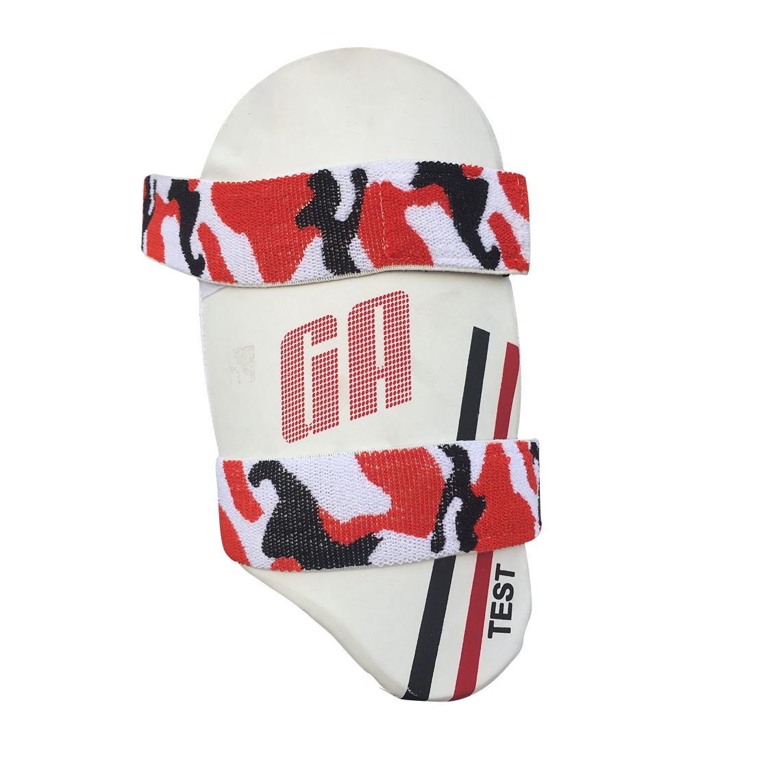 White GA branded thigh guard with red and black camouflage pattern on the straps.
